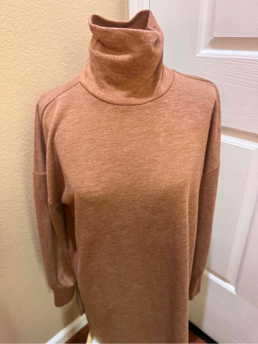 Cozy Heathered Knit Turtleneck Tunic Sweater Side Slit Oversized Camel